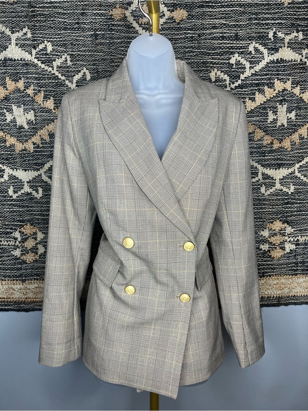 White House Black Market Double-Breasted Plaid Blazer in Beige and Cream
